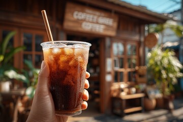 Customer holds iced drink with paper straw outside eco-friendly cafe, rustic wooden signage behind, natural lighting, medium shot from front.