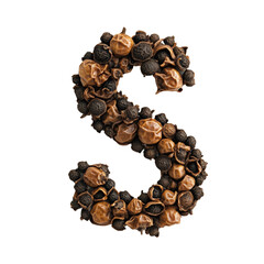 Creative arrangement of chocolate chips and black peppercorns forming the letter S on white background
