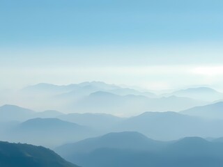 Misty watercolor mountains fade into a soft, blue-toned, gradient background.