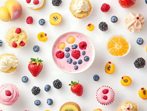 Easter seamless pattern with colorful eggs and fresh fruits like strawberry, blackberry, orange, and kiwi for a sweet, healthy, and decorative design