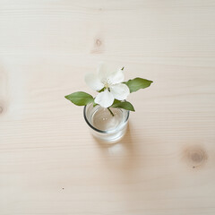Naklejka premium Small glass vase holds single white flower with green leaves, creating serene and minimalist aesthetic