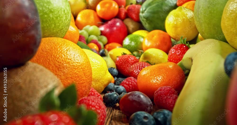 Poster various kind of fresh exotic fruits. camera placed on motion control system. filmed on high speed ci