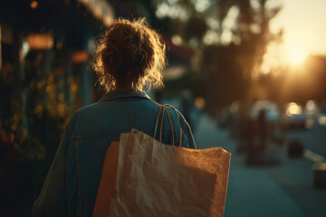Behind a woman walking back into town with shopping bags.
