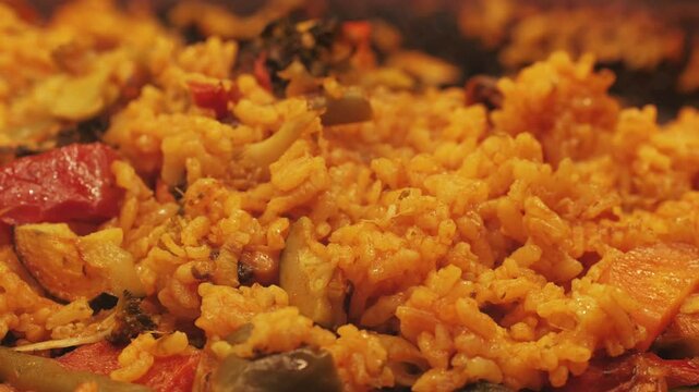Seafood rice, Close up of a traditional tasty spanish dish paella served with prawns and mussels