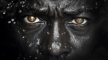 Naklejka premium Intense Gaze: A close-up portrait of a person with intensely piercing eyes, the depth and emotion of their gaze captured in stark contrast.