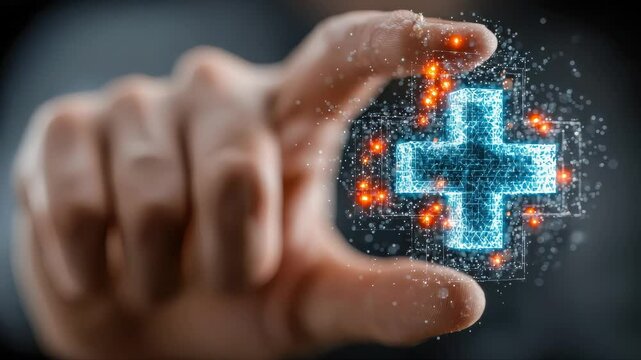 A hand delicately pinches a glowing blue digital health icon in the shape of a medical cross, representing futuristic healthcare technology