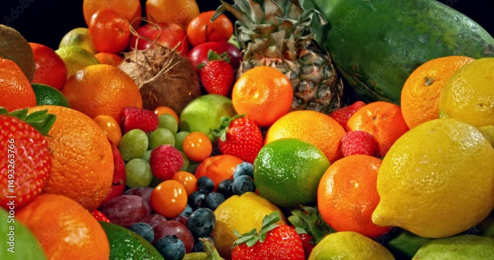 Poster various kind of fresh exotic fruits. camera placed on motion control system. filmed on high speed ci