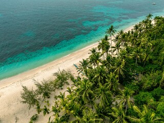 sea, sun and sand. Beach with palm trees with blue water, white sand. Summer holiday vibes. Beaches in Asia. 