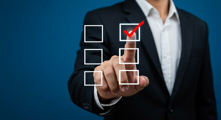 A businessman in a dark suit points at a digital interface, selecting a checkbox with a red checkmark, symbolizing task completion, decision-making, or survey participation against a blue background