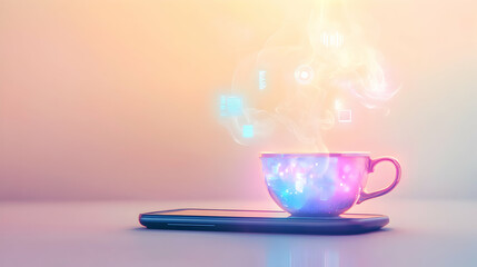 Colorful Cup of Coffee on Smartphone with Digital Elements Rising