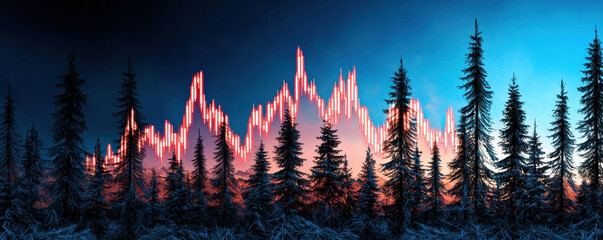 Stunning landscape featuring mountain silhouette with stock market charts integrated into scene, surrounded by tall evergreen trees. vibrant