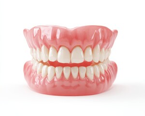 Obraz premium A close-up shot of a full set of dentures against a white background. The artificial teeth are bright white, and the gums are a soft pink.