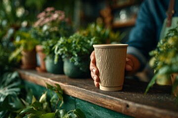 Barista serves coffee in biodegradable cup over recycled counter, indoor plants and natural light, wide shot from side.