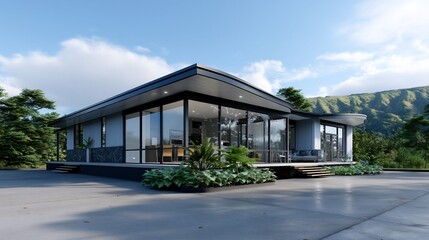 Fototapeta premium Modern home with large windows, set amid lush greenery, mountains behind
