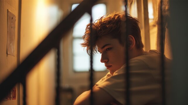 Pensively Sitting Teenage Boy with Chestnut Hair in Warmly Lit Stairwell