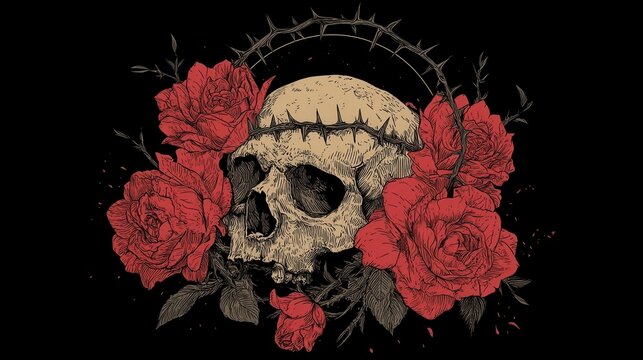Naklejki Skull Surrounded by Red Roses
