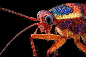 Extreme macro of colorful cockroach on black background showing intricate details and texture of insect body and legs