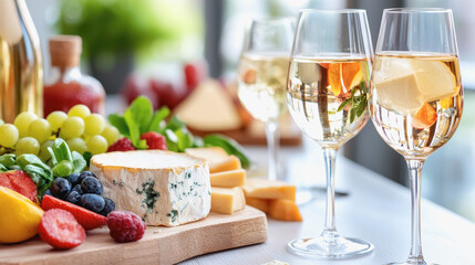 Elegant cheese and wine spread on a table surrounded by family members enjoying laughter and joyful moments
