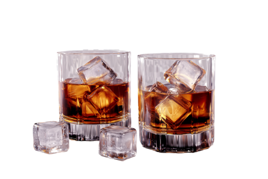 two glasses with ice and amber liquid