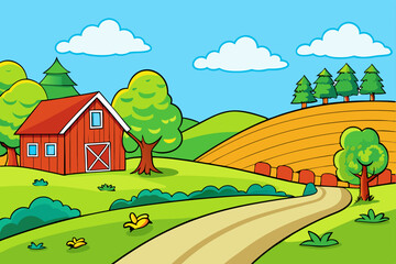 Fototapeta premium Peaceful countryside with rolling hills and rustic charm vector illustration