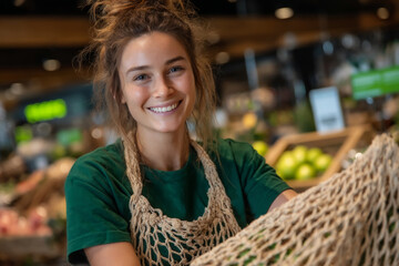 Saleperson smiling Woman While Shopping for Groceries in Supermarket.