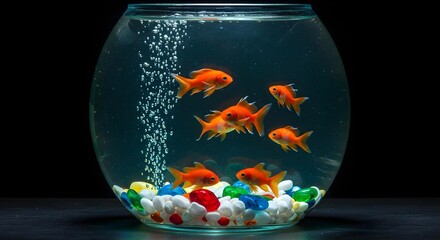 goldfish,  gold fish,  fish, Goldfish in a Glass Bowl with Colorful Stones