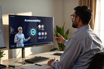 Obraz premium Middle Eastern Businessman Sharing AI Accountability Insights in Virtual Home Office Meeting