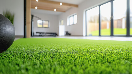 A green artificial lawn set up as a home gym creating a fitness lifestyle environment for exercise enthusiasts and families