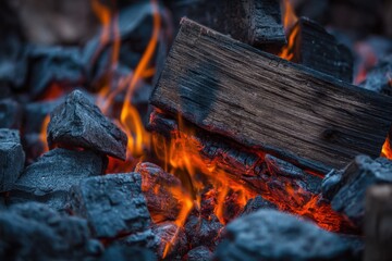 Burning Wood and Charcoal Emitting Bright Flames in a Close Up Shot for Heat and Warmth in Fire Pit