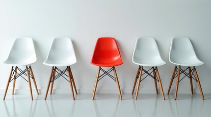 Standing Out from the Crowd: A single bold red chair stands out amongst a row of identical white chairs, symbolizing individuality, uniqueness, and the power of standing apart in a sea of sameness.