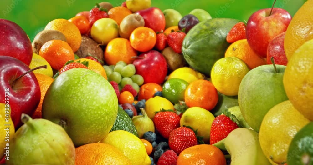 Poster Various Kind of Fresh Exotic Fruits. Camera Placed on Motion Control System. Filmed on High Speed Cinema Camera. Camera in Motion. Isolated on Green Background.