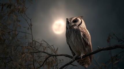 Owl at Night Under Moonlight