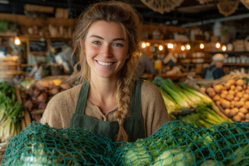 Salesperson, brown haired woman smiling in store.