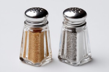 A pair of glass salt and pepper shakers with metal lids sit side by side on a white background. The salt shaker is filled with coarse salt, while the pepper shaker contains finely ground pepper.