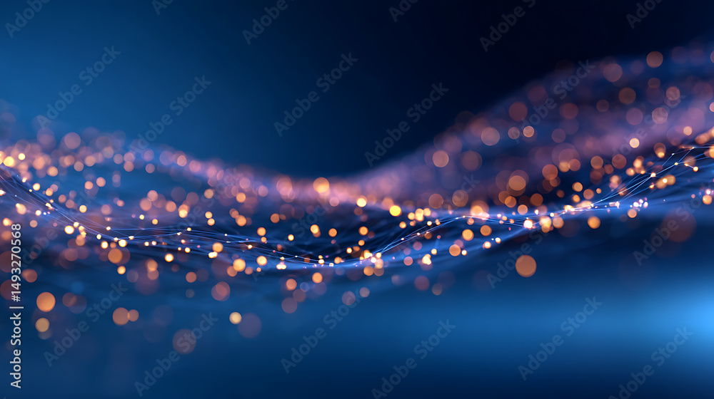 Aufkleber an abstract dynamic wave pattern with sparkling dots on a blue-to-black gradient background, evoking