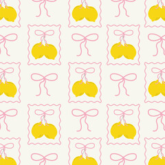 Seamless pattern with hand drawn lemons in ribbon frame with bow. Summer Mediterranean costal background. Coastal print design for fabric, wrapping paper, prints, artworks.