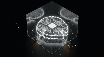 Glowing brain-shaped microchip with circuits in glass cube on black background with sparks