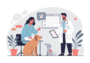 Woman talking to veterinarian while sitting with two dogs in clinic  