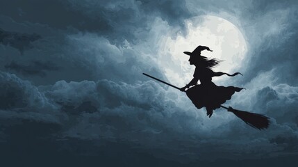 Witch on Broomstick at Night