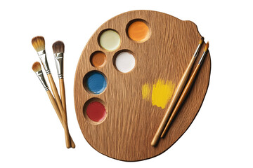 a paint palette with paint brushes