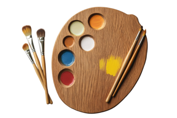 a paint palette with paint brushes