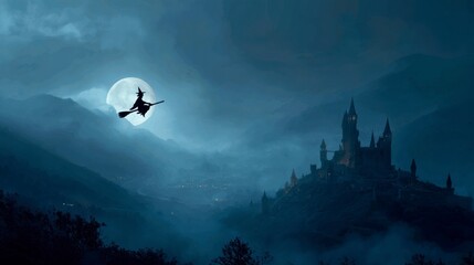 Witch Flying Over Dark Castle