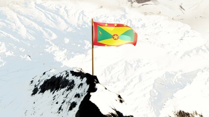3D rendering of the Grenada national flag, featuring vibrant red, yellow, and green colors with a star and nutmeg symbol, waving atop a snow-covered mountain peak in stunning 4K clarity.

