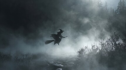 Witch Flying in Foggy Night