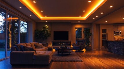 Modern living room at night with warm lighting
