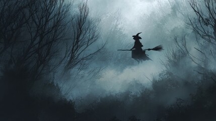 Mysterious Witch in Foggy Forest