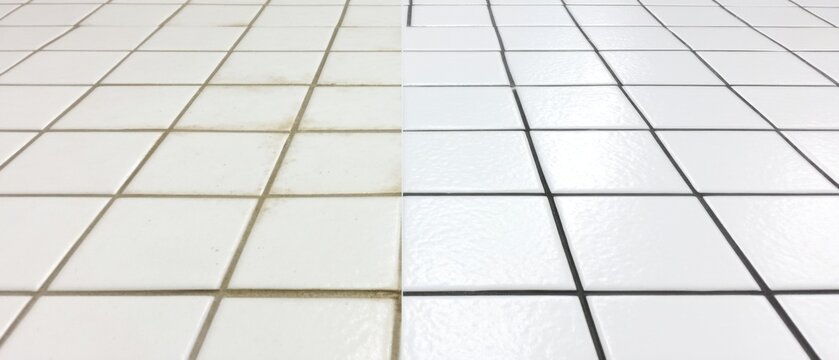 Tile and grout cleaning comparison shot showing before and after results on a white tiled floor surface from eye level
