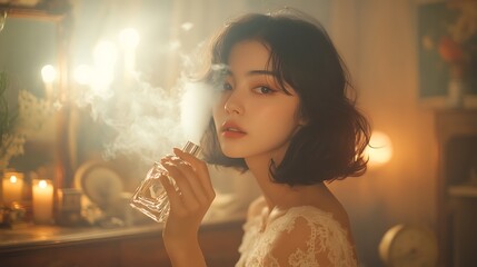 Japanese model spraying perfume near a vintage vanity, classic bedroom decor, lace dress, warm candlelight, romantic and nostalgic mood, soft reflections in the mirror. Background softly blurred,