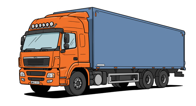 Orange delivery truck with blue trailer on a white background  