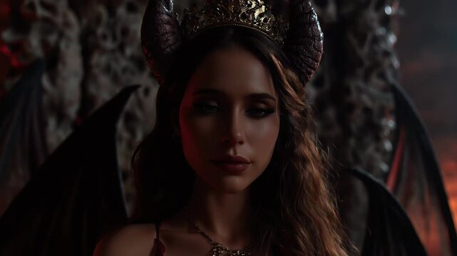 Succubus sits on bone throne with wings spread wide and fire in her eyes. Succubus seduces through ancient power and forbidden charm. Succubus rules shadows with divine confidence.